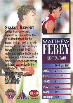 1996 Select AFL #116 Matthew Febey Back